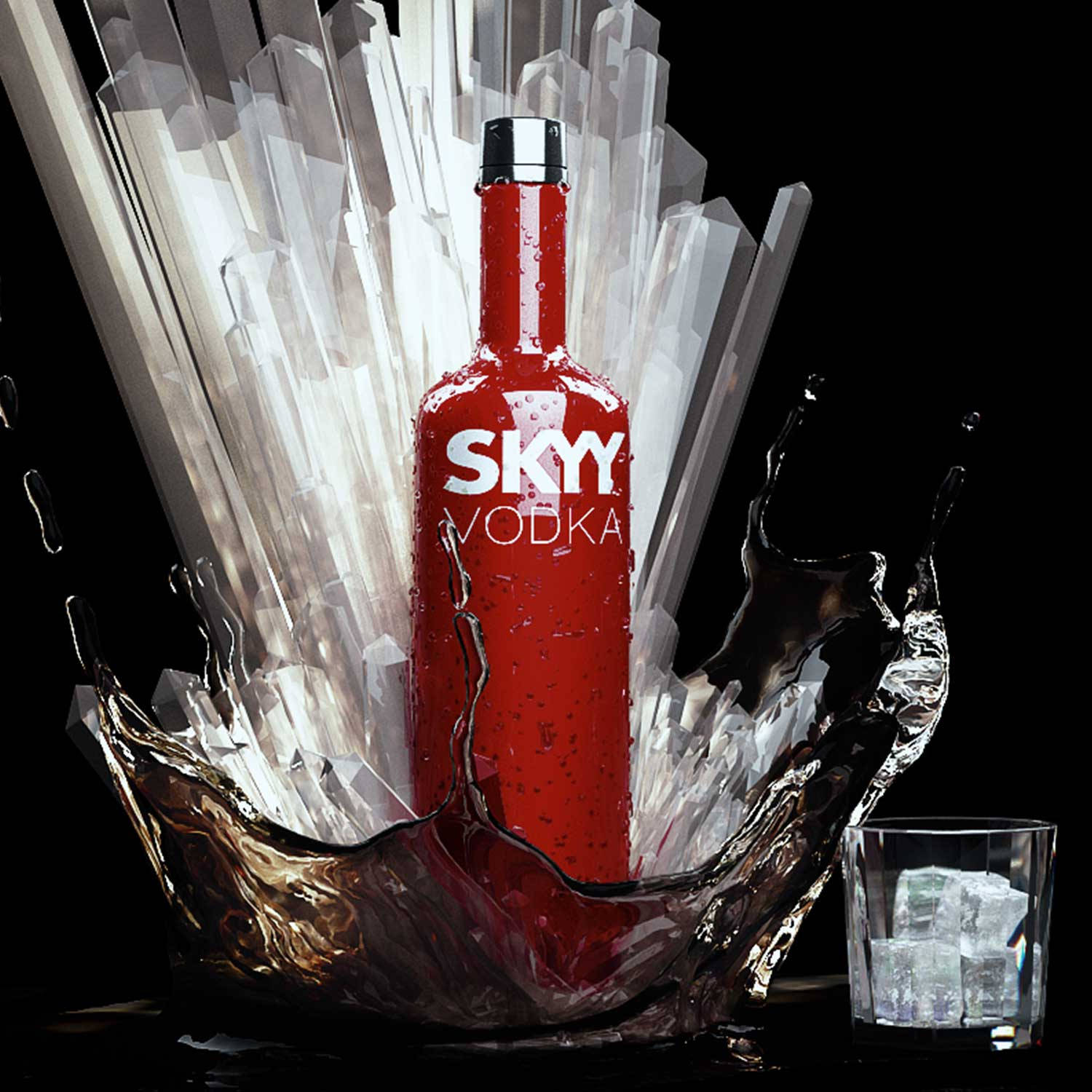 alcohol 桌布 壁紙 — 一個鮮紅色的Skyy Vodka酒瓶從黑色背景上的水花和冰塊中噴湧而出。