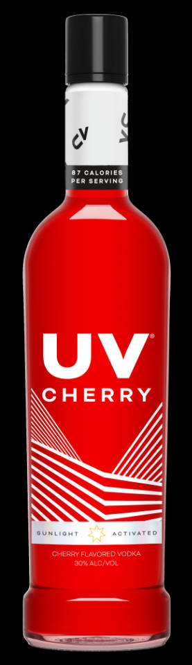 alcohol 桌布 壁紙 — 一個鮮紅色的UV Cherry伏特加酒瓶，帶有白色幾何圖案和黑色瓶蓋，矗立在純黑色背景前。