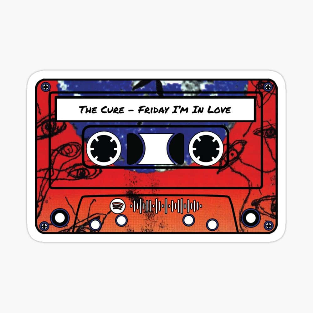 Mixtape 桌布 壁紙 — 一個鮮紅色的卡式錄音帶貼紙，帶有「The Cure - Friday I'm In Love」標籤和Spotify標誌。