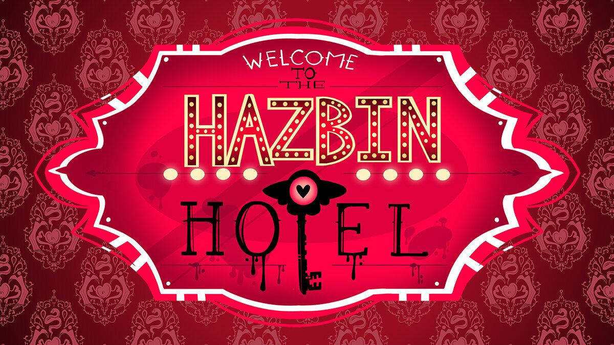 地獄客棧 桌布 壁紙 — 一個鮮紅色的復古標誌，用於 Hazbin Hotel，帶有發光的跑馬燈字母和滴落的鑰匙標誌，背景為圖案壁紙。