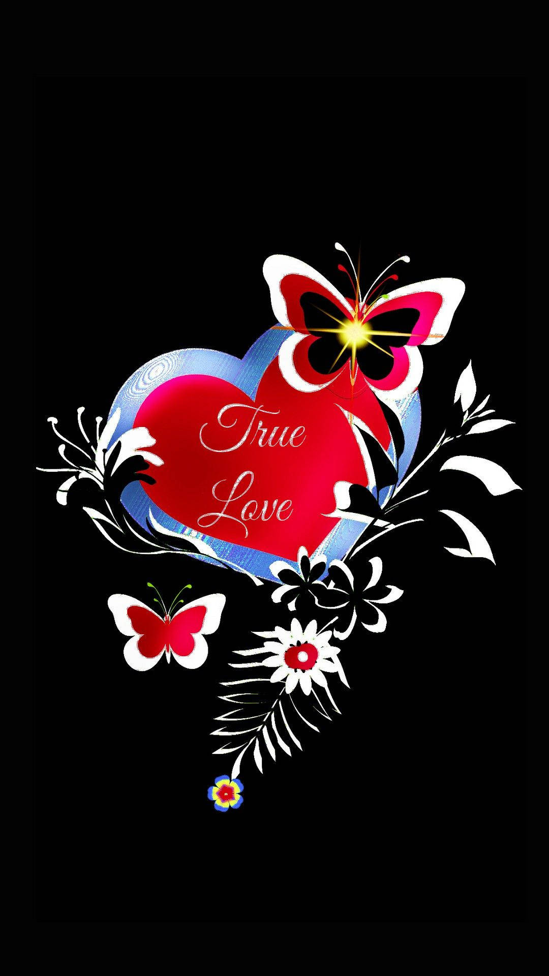 愛心 桌布 壁紙 — 一個鮮紅色的心形，上面有「True Love」字樣，被蝴蝶和花朵環繞，背景為黑色。