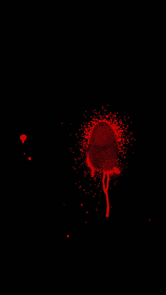 Blood 桌布 壁紙 — 一個鮮紅色的指紋噴濺主導黑色背景，帶有散落的滴點。