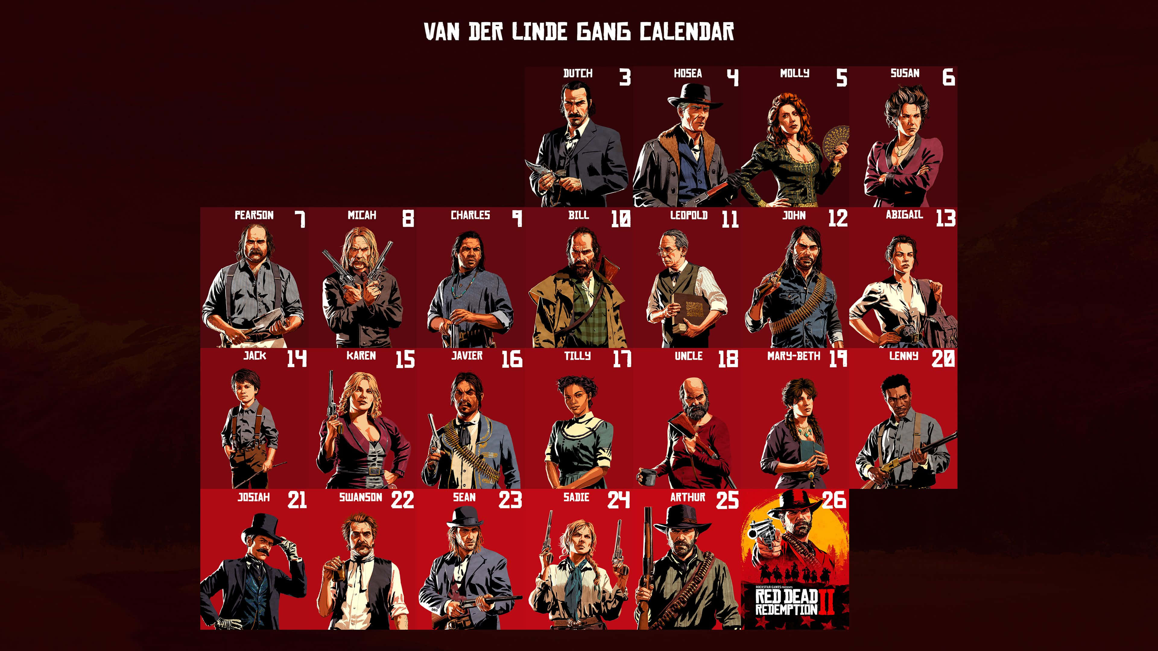 Gang 桌布 壁紙 — 一個鮮紅色的日曆，包含《Red Dead Redemption 2》中25個插圖角色，以網格排列並附有名字和日期。