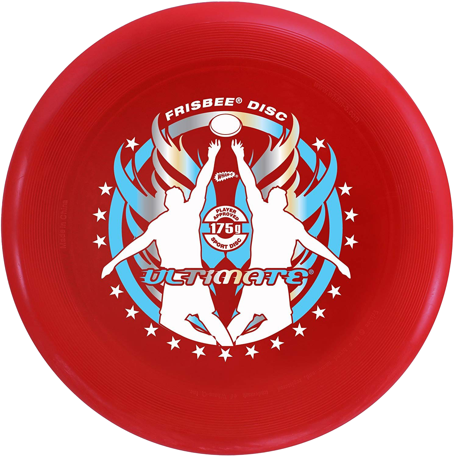 Frisbee 桌布 壁紙 — 一個鮮紅色的終極飛盤，帶有白色剪影，描繪兩名玩家在藍色和銀色翅膀設計上伸手接盤。