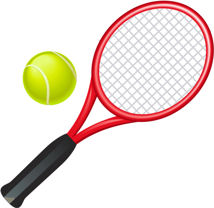 Tennis 桌布 壁紙 — 一個鮮紅色的網球拍，旁邊漂浮著一個黃色的網球，背景是 stark 黑色。