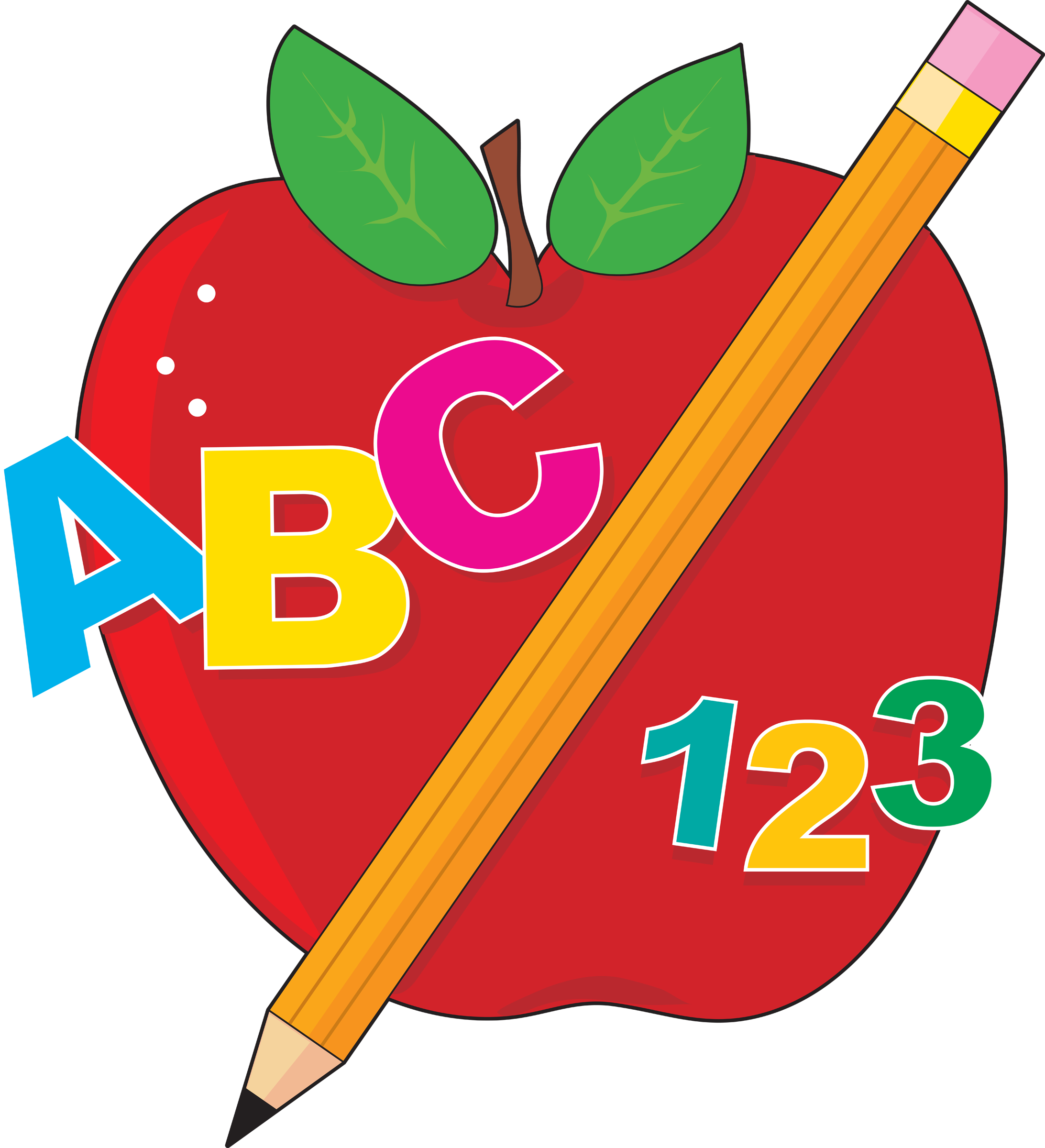 abc 桌布 壁紙 — 一個鮮紅色的蘋果，帶有綠葉，握著色彩繽紛的ABC和123字母以及一支黃色鉛筆。