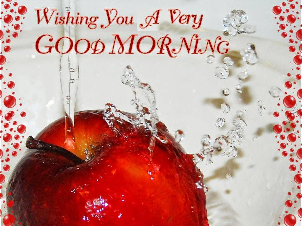Good Morning HD 桌布 壁紙 — 一個鮮紅色的蘋果在清澈的水中飛濺，水流過它，背景為白色，帶有紅色泡泡邊框。