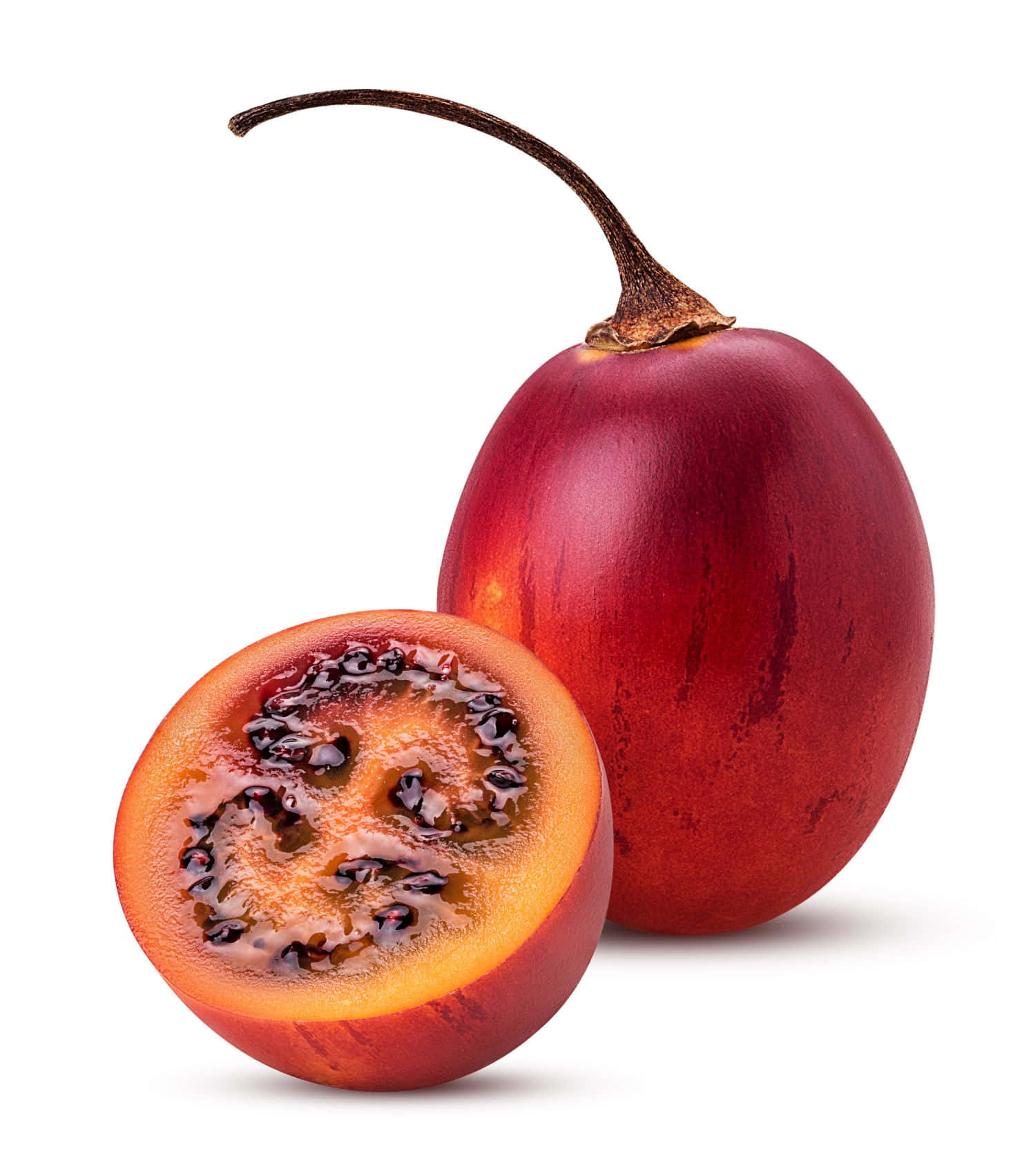Fruit 桌布 壁紙 — 一個鮮紅色的蛋形水果，帶有光澤的果皮和充滿黑色種子的多汁橙色內部。