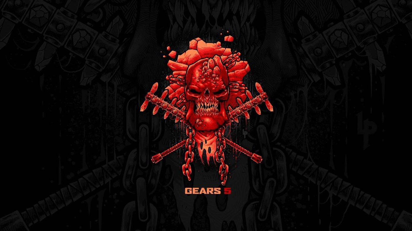 Gears 5 桌布 壁紙 — 一個鮮紅色的骷髏頭，帶有交叉的鎖鏈和錘子，從黑暗的機械背景中以粗獷的數位藝術風格爆發出來。