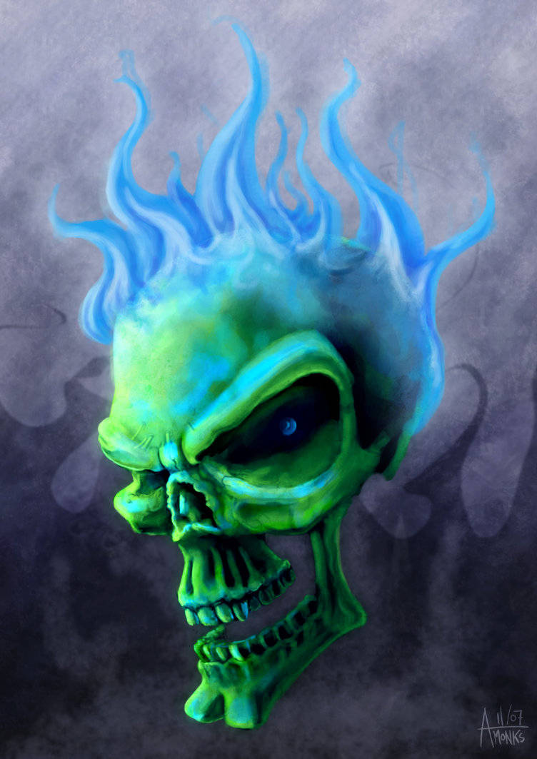 Green Fire Skull 桌布 壁紙 — 一個鮮綠色骷髏，頭頂噴出電藍色火焰，背景為煙灰色。