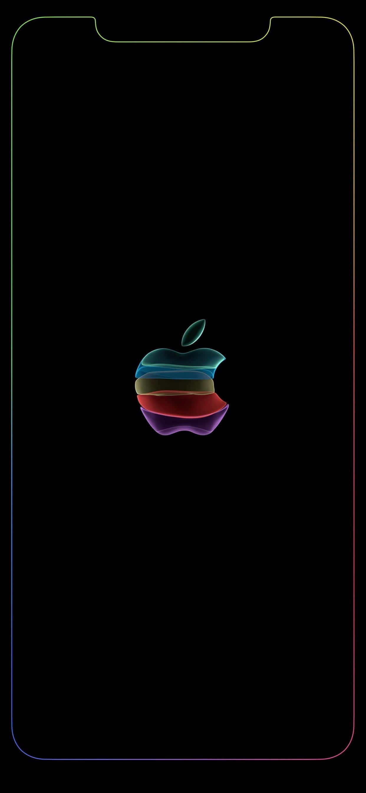 iPhone 11 Pro Max 桌布 壁紙 — 一個鮮豔的彩虹Apple標誌居中顯示在黑色iPhone螢幕上，帶有發光的彩色邊框。