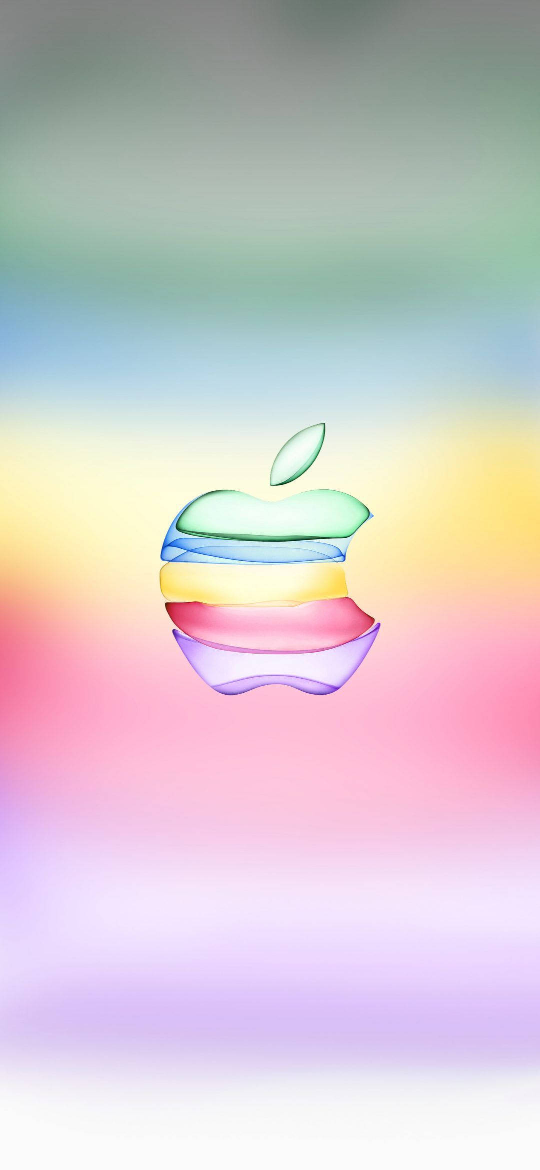 iPhone 11 Pro Max 桌布 壁紙 — 一個鮮豔的彩虹色 Apple 標誌漂浮在柔和的漸變天空背景上。