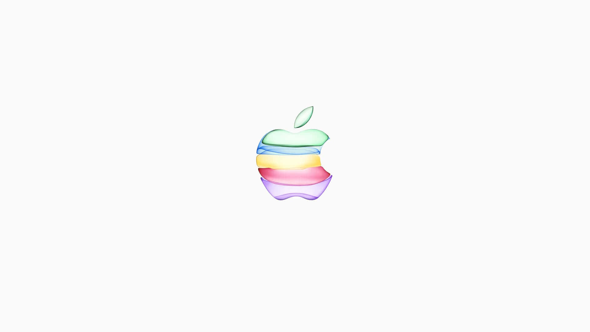 蘋果標誌 桌布 壁紙 — 一個鮮豔的彩虹色Apple標誌，帶有咬痕和葉子，居中在純白色背景上。