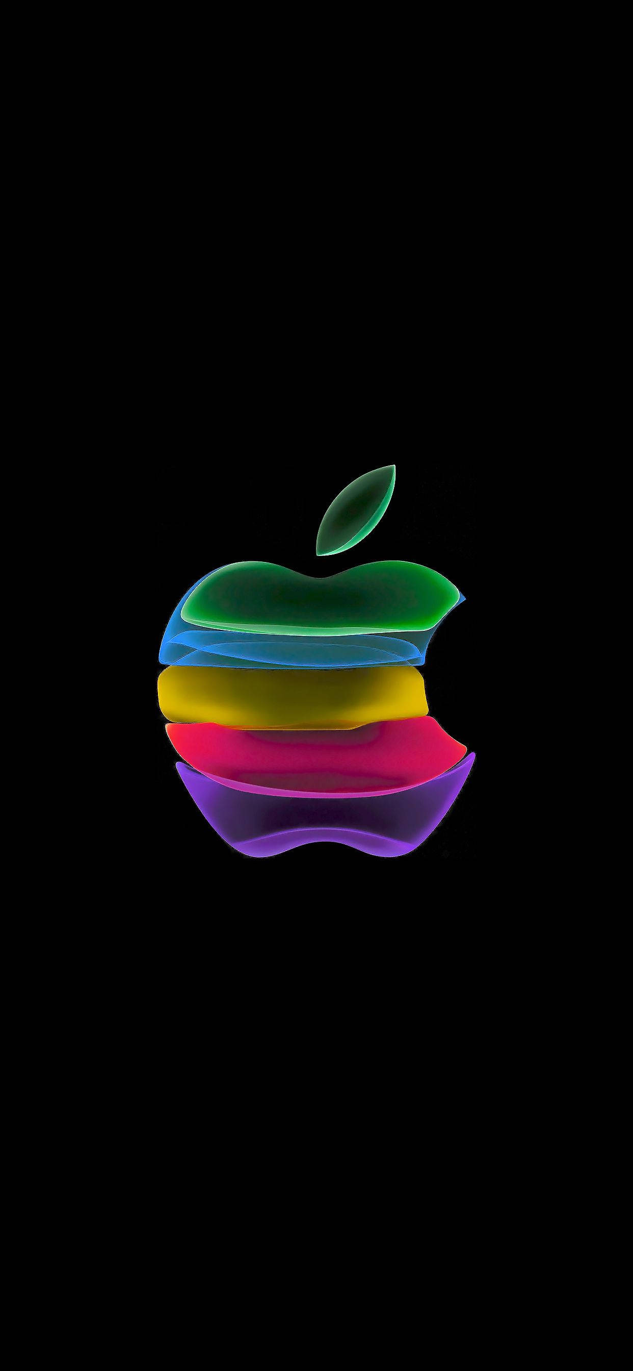 iPhone 桌布 壁紙 — 一個鮮豔的彩虹色Apple標誌漂浮在純黑背景上，帶有發光的半透明層。