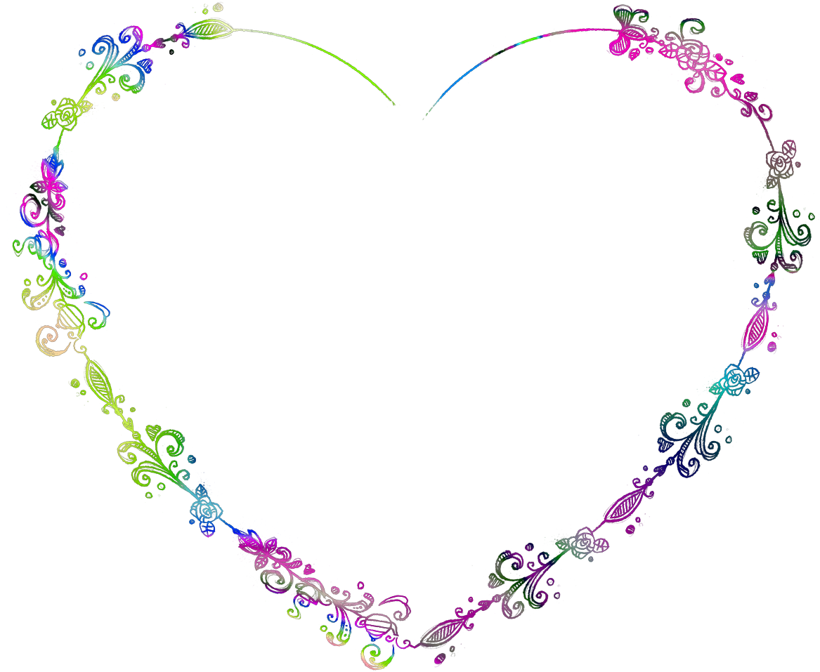 Picsart Love 桌布 壁紙 — 一個鮮豔的彩虹色華麗心形輪廓，帶有旋轉花卉圖案，背景為黑色。