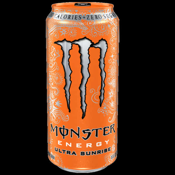 怪物 桌布 壁紙 — 一個鮮豔的橙色Monster Energy Ultra Sunrise罐，帶有銀色爪標誌和佩斯利圖案，背景為黑色。