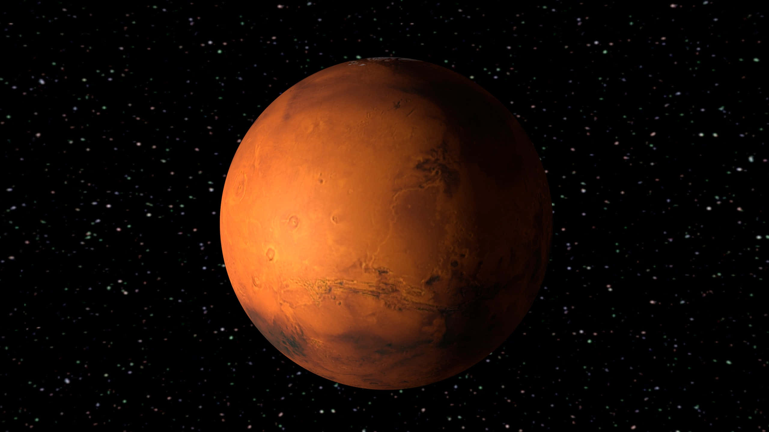 Mars Planet 桌布 壁紙 — 一個鮮豔的橙色行星火星在星空背景下佔據畫面，可見隕石坑和表面細節。