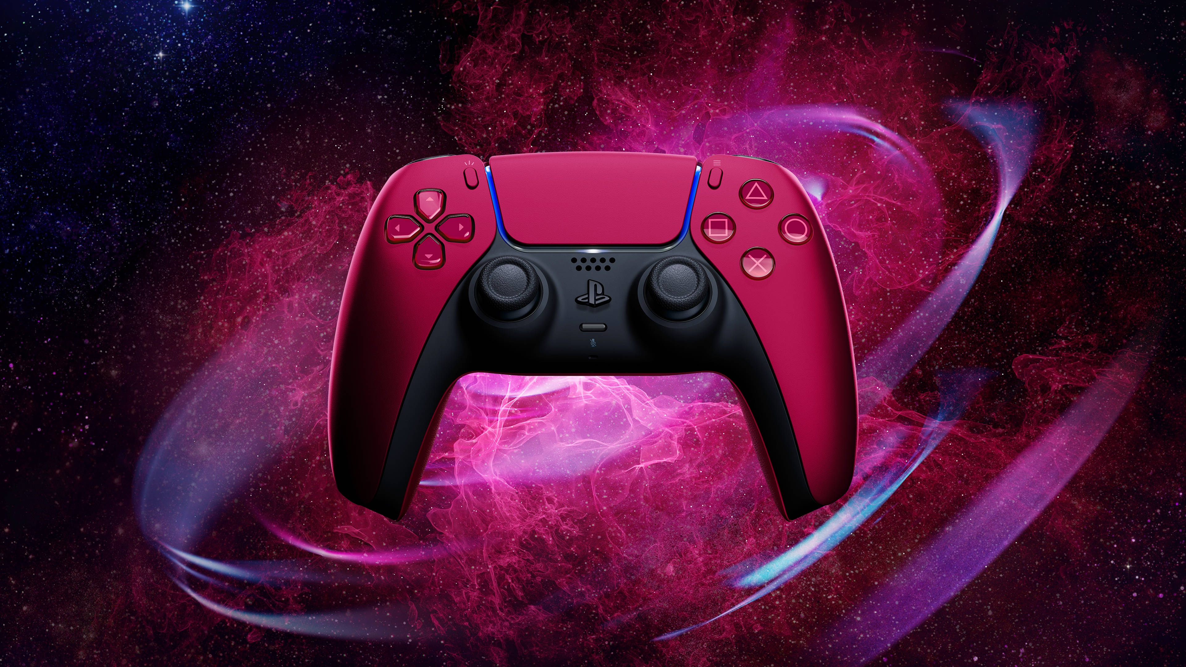 PS5 動態圖片 桌布 壁紙 — 一個鮮豔的粉紅色PlayStation手把在旋轉的宇宙星雲和星空之間漂浮。