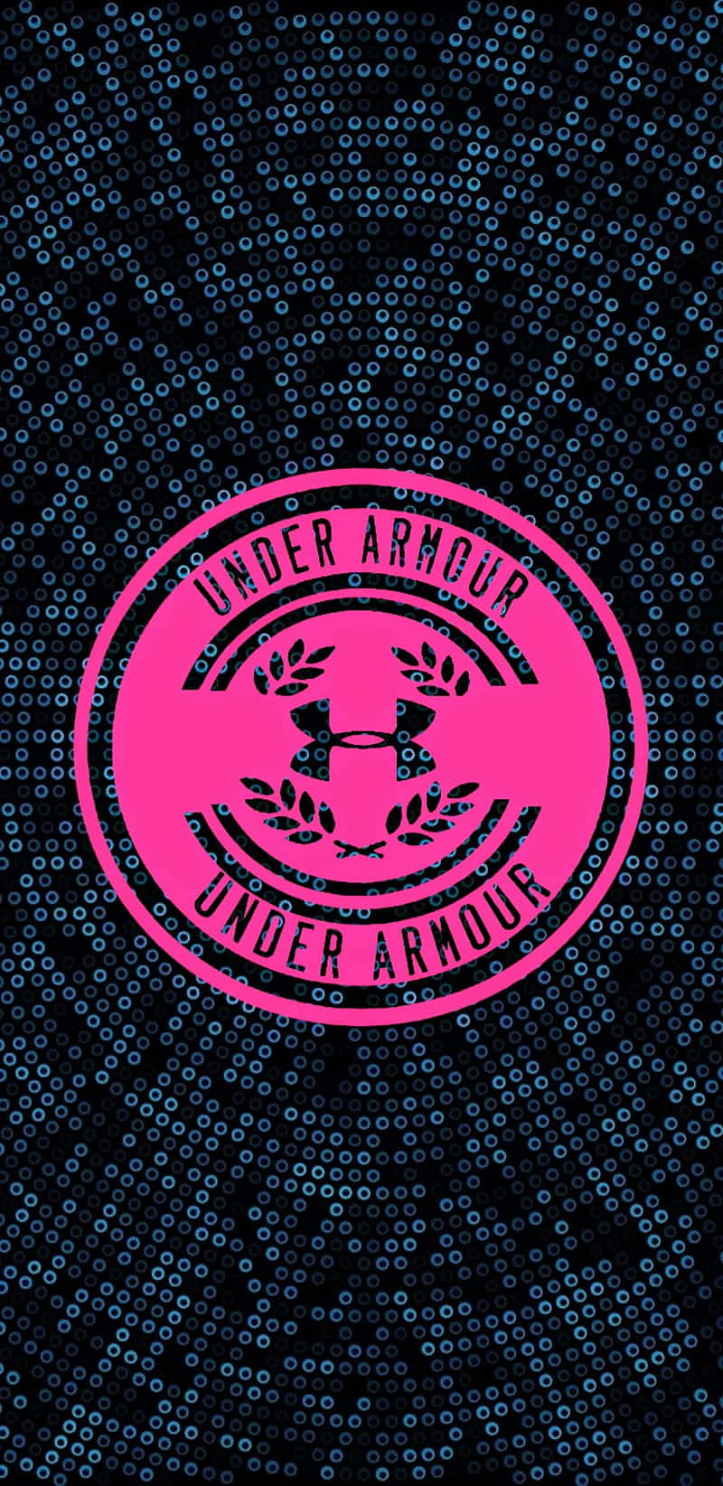 Under Armour 桌布 壁紙 — 一個鮮豔的粉紅色Under Armour標誌，置於深藍色背景上，帶有重複的圓形點狀圖案。