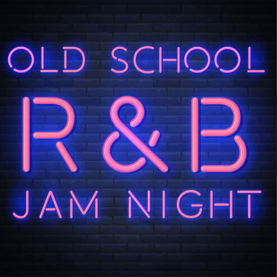 R 桌布 壁紙 — 一個鮮豔的粉紅色和藍色霓虹燈牌，上面寫著「OLD SCHOOL R&B JAM NIGHT」，在深色磚牆上發光。