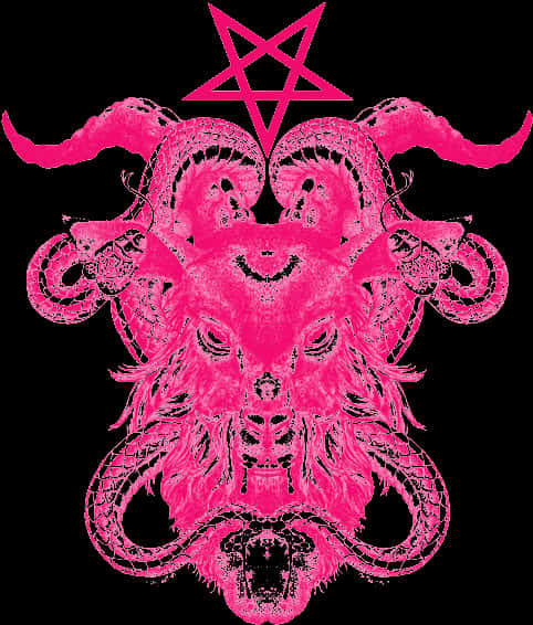 Pentagram 桌布 壁紙 — 一個鮮豔的粉紅色巴風特符號，帶有山羊頭和蛇，背景為純黑色。
