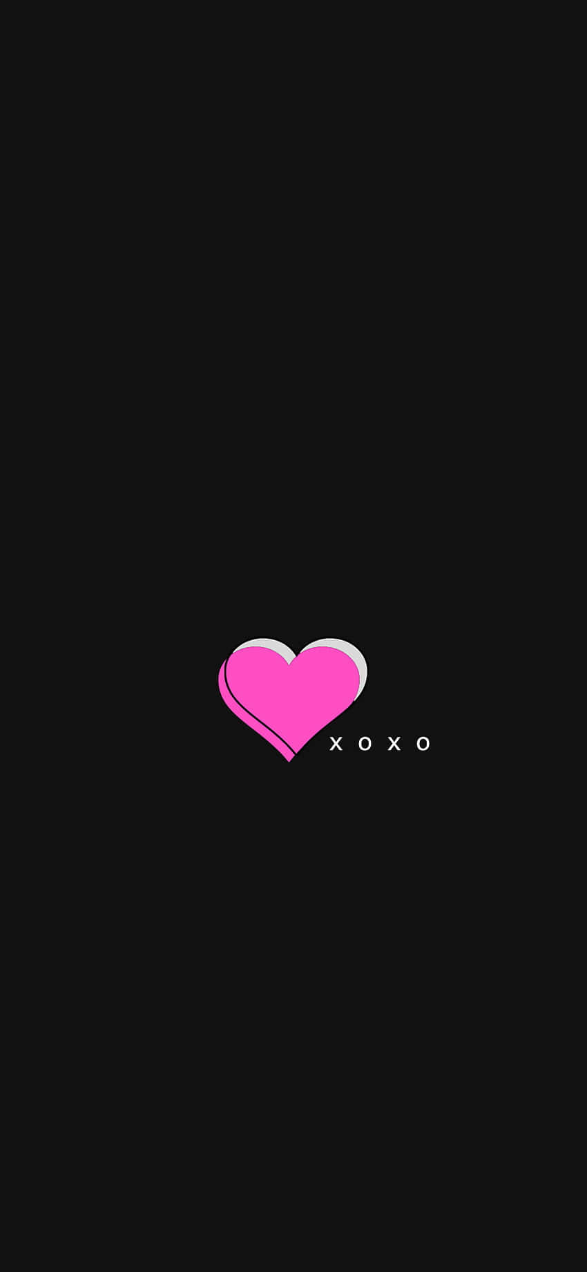 愛心 桌布 壁紙 — 一個鮮豔的粉紅色心形，帶有白色輪廓和 xoxo 文字，居中在純黑色背景上。