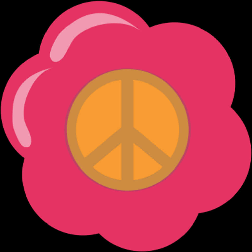 Pink Flower 桌布 壁紙 — 一個鮮豔的粉紅色花朵形狀，中心有一個金色的和平標誌，背景為黑色。