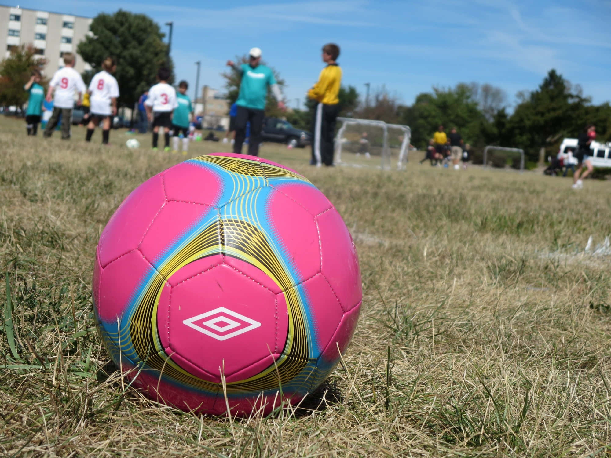 Pink Soccer Ball 桌布 壁紙 — 一個鮮豔的粉紅色足球，帶有黃色和藍色漩渦，放在乾草地上，背景中孩子們在晴朗的藍天下踢足球。