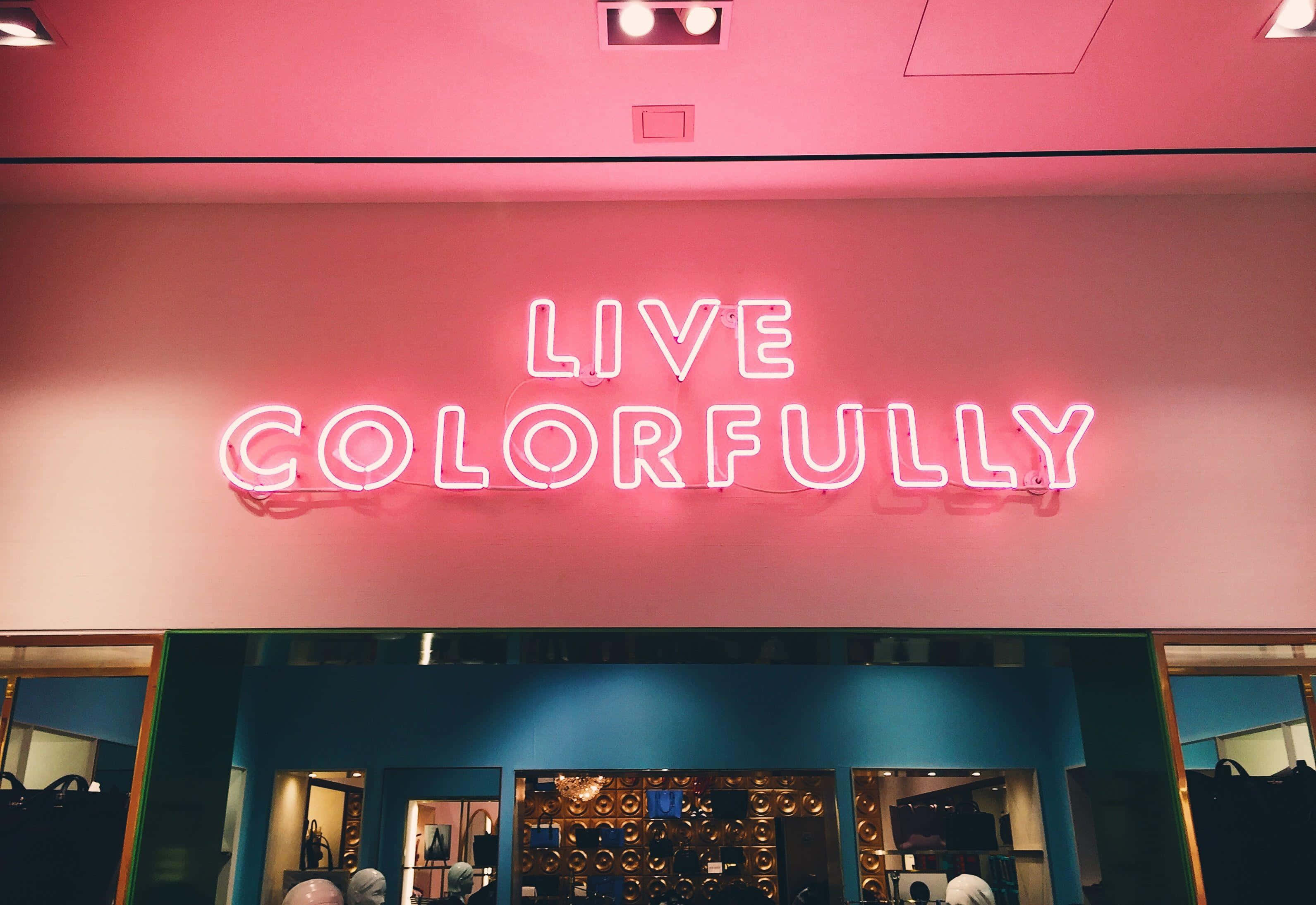 Aesthetic Vsco 桌布 壁紙 — 一個鮮豔的粉紅色霓虹燈牌，上面寫著「LIVE COLORFULLY」，照亮了帶有藍綠色點綴和反光表面的現代零售店面。