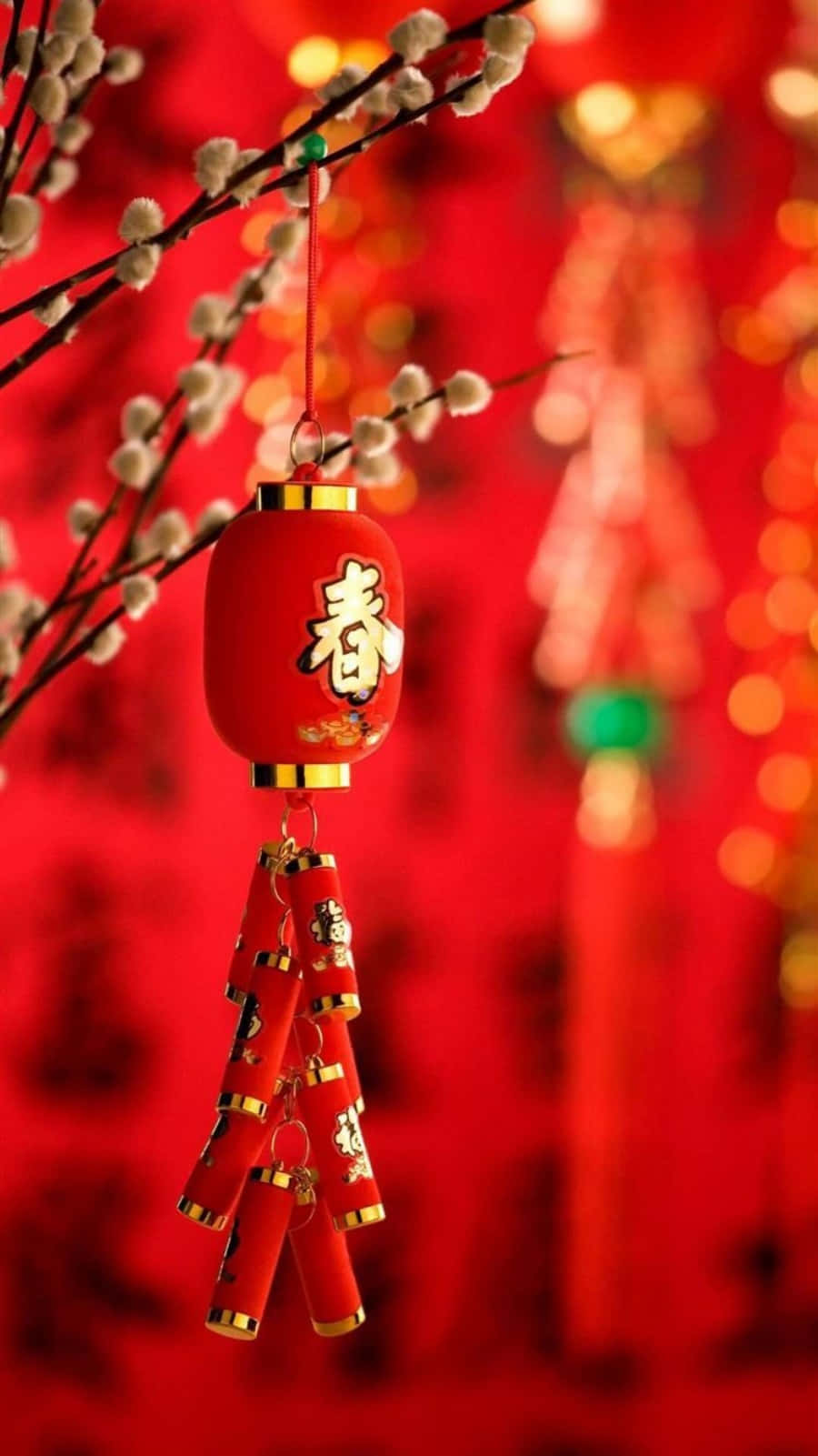 春節 桌布 壁紙 — 一個鮮豔的紅色中國燈籠，帶有金色字符，掛在柳枝上，背景是發光的紅色散景。