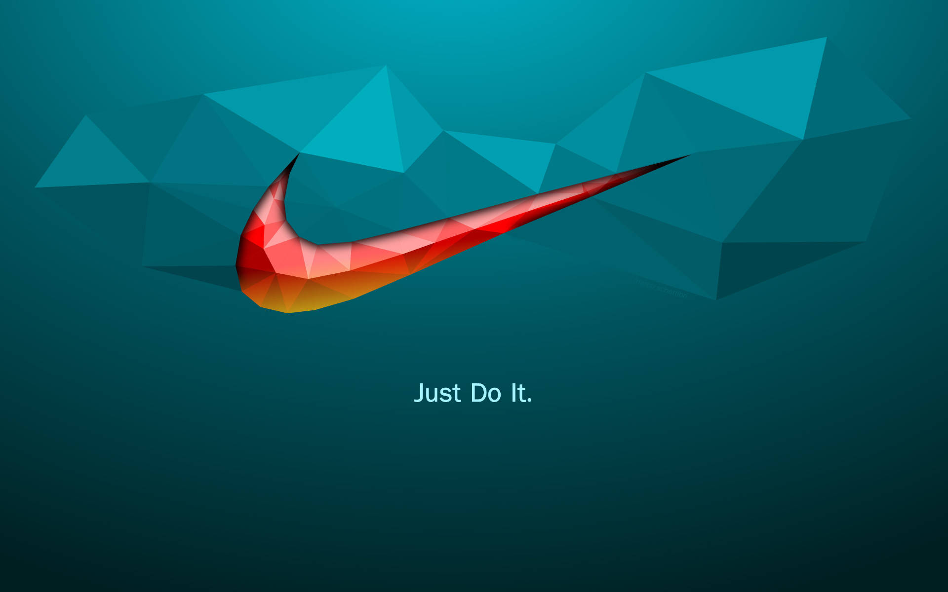 Just Do It 桌布 壁紙 — 一個鮮豔的紅色和橙色Nike勾號，以低多邊形幾何三角形呈現，背景為青綠色漸變，並帶有標語「Just Do It。」