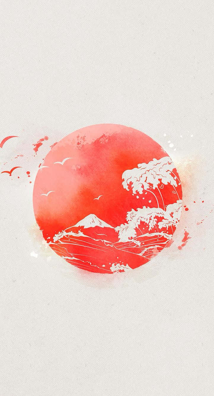 紅色太陽，帶有白色山脈和波浪插圖以及飛鳥 — 日本國旗 壁紙