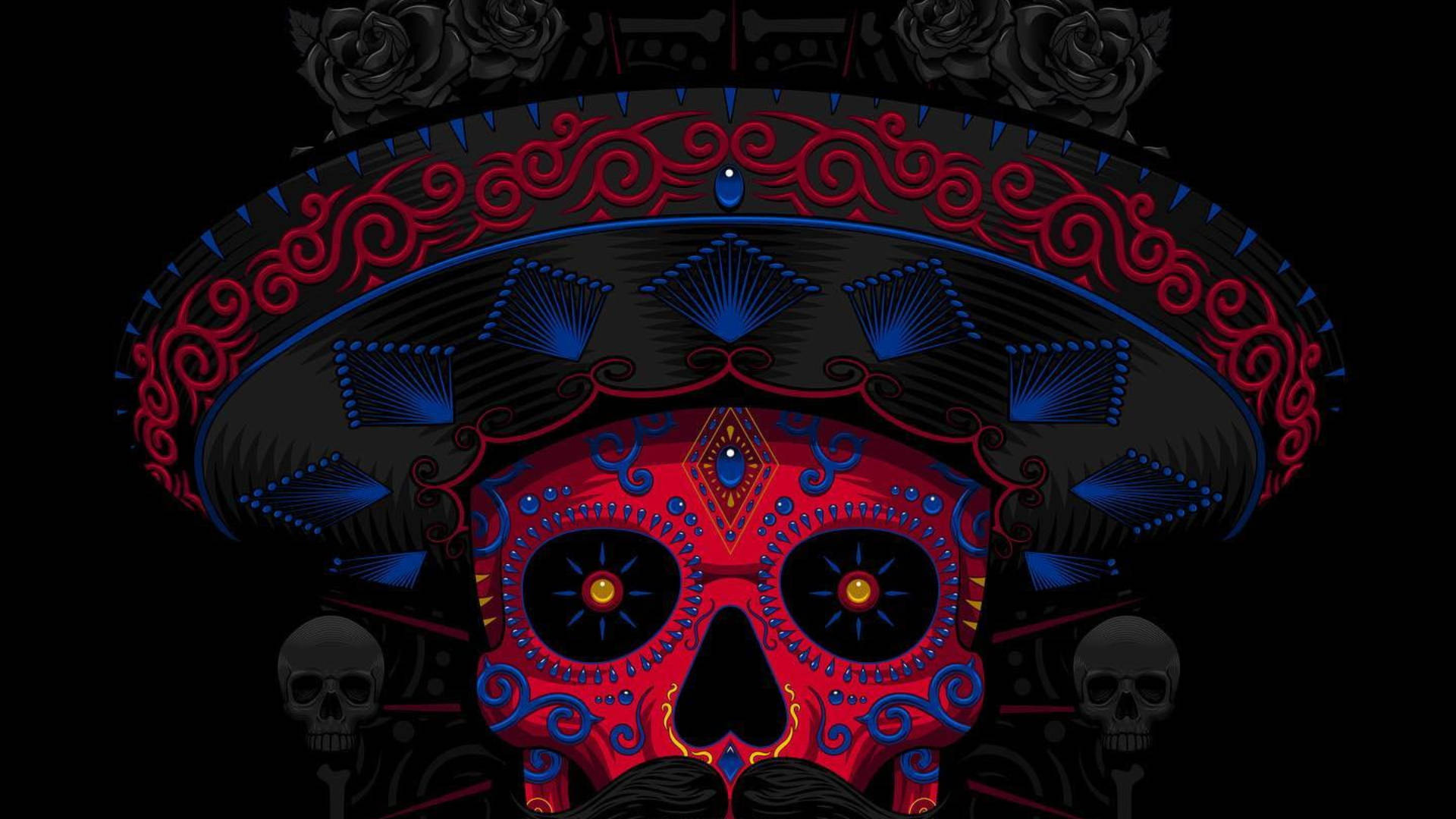 Mexican iPhone 桌布 壁紙 — 一個鮮豔的紅藍糖骷髏，戴著裝飾有玫瑰的黑色闊邊帽，背景為深色。