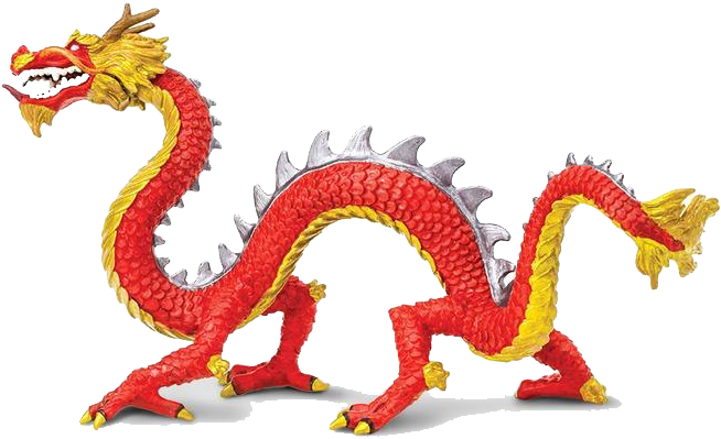 中國龍 桌布 壁紙 — 一個鮮豔的紅金色龍公仔，帶有銀色尖刺，在純黑背景前蓄勢待發。