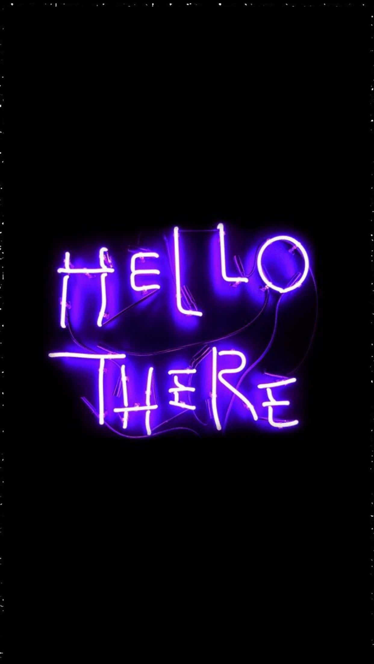 Neon Aesthetic Phone 桌布 壁紙 — 一個鮮豔的紫色霓虹燈牌，拼寫著 hello there，在漆黑的背景中發光，並帶有可見的電線。