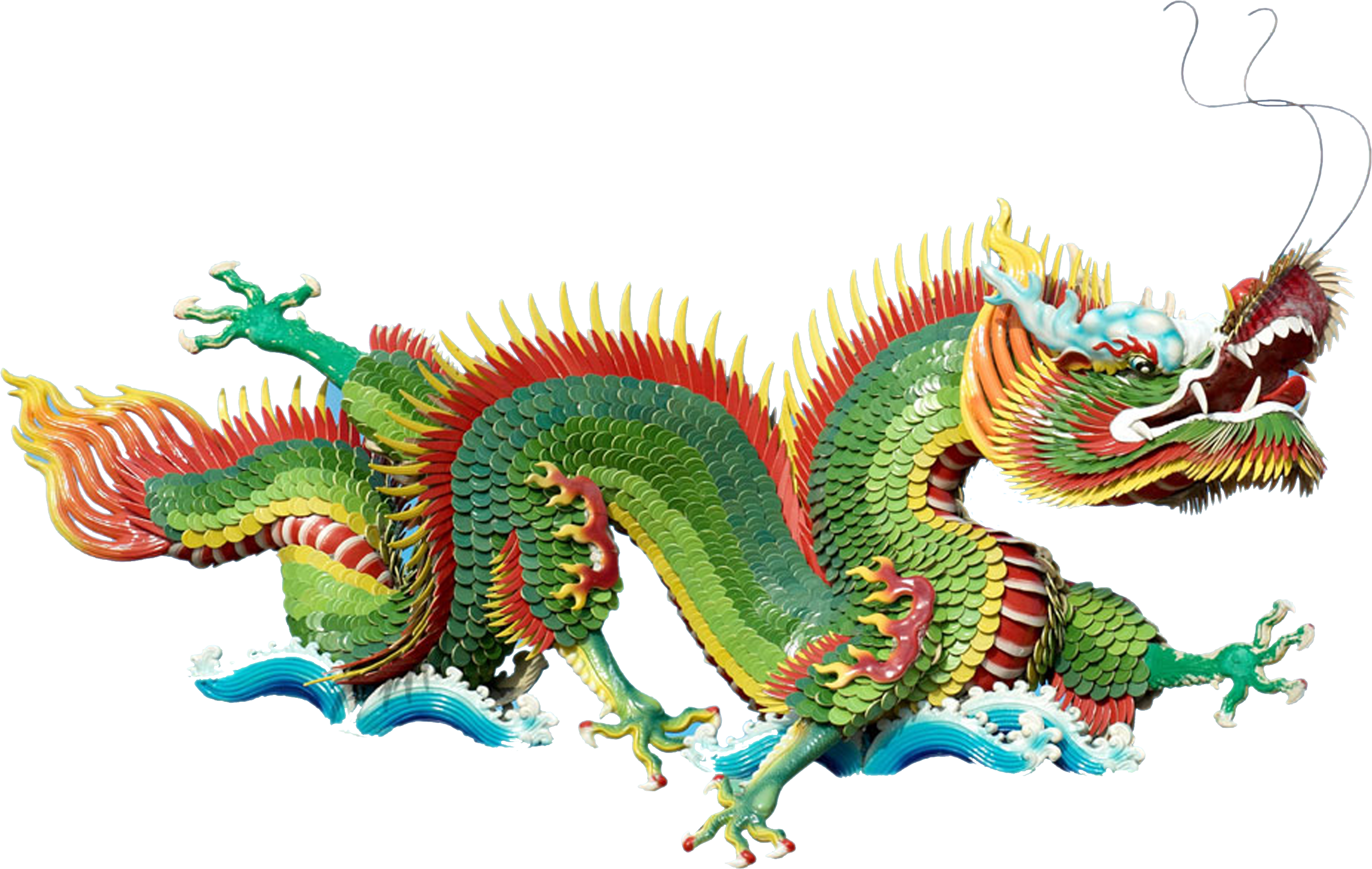 中國龍 桌布 壁紙 — 一個鮮豔的綠色和紅色中國龍雕塑，帶有黃色尖刺和藍色波浪，位於黑色背景上。