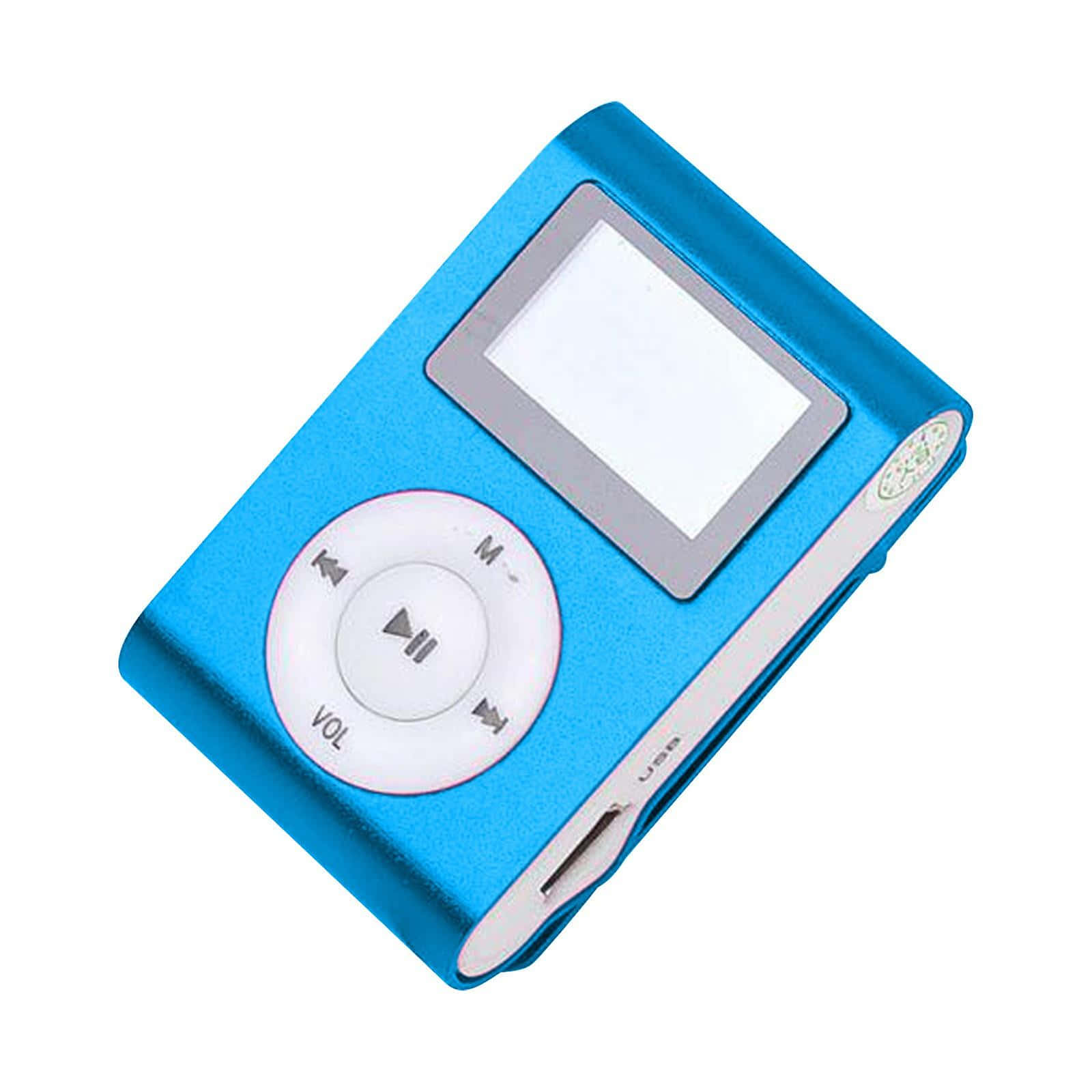 Music Player 桌布 壁紙 — 一個鮮豔的藍色便攜式MP3播放器，帶有圓形控制板和細小螢幕，置於潔白背景上。