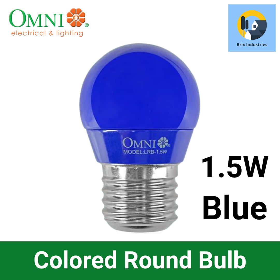 Blue Light 桌布 壁紙 — 一個鮮豔的藍色圓形LED燈泡，帶有金屬螺絲底座，展示在乾淨的白色背景上，附有品牌和規格。