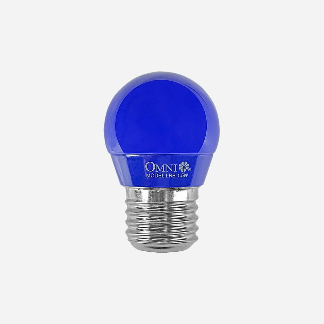 Blue Light 桌布 壁紙 — 一個鮮豔的藍色球形LED燈泡，帶銀色螺絲底座，置於純白色背景上。