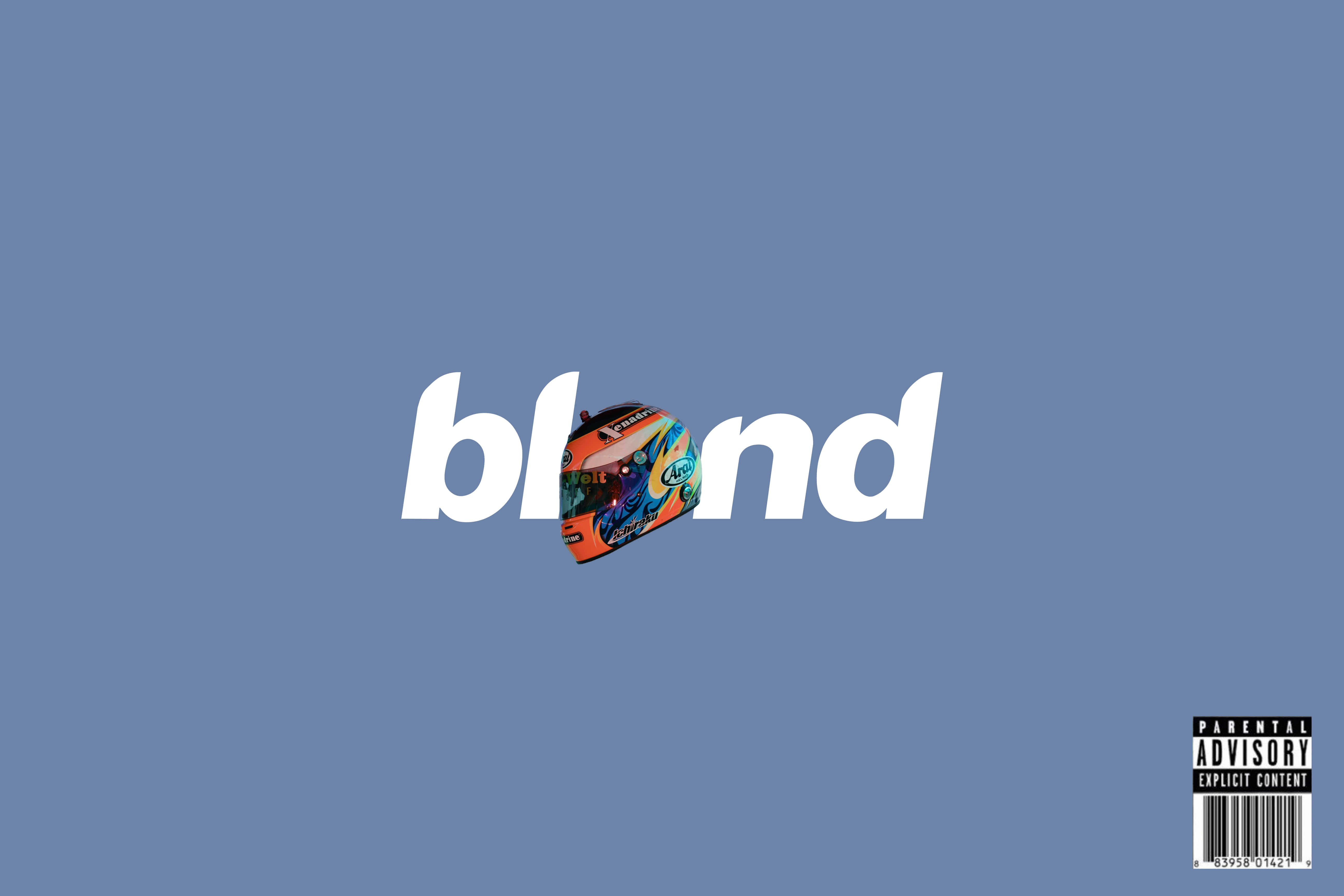 桌布 壁紙 — 一個鮮豔的賽車頭盔取代了單詞blond中的字母o，背景為純藍色，並帶有家長指引標籤。