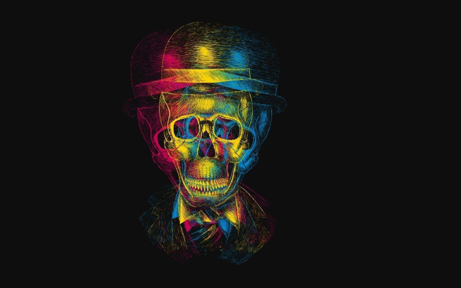 Cool Skull 桌布 壁紙 — 一個鮮豔的霓虹色骷髏頭戴著圓頂禮帽和領帶，背景為黑色。