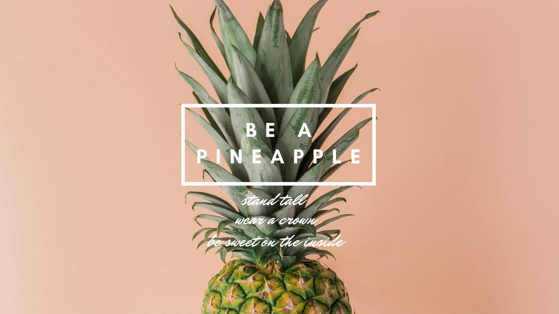 Pineapple Desktop 桌布 壁紙 — 一個鮮豔的鳳梨在柔和的桃色背景上高高聳立，帶有勵志文字疊加。