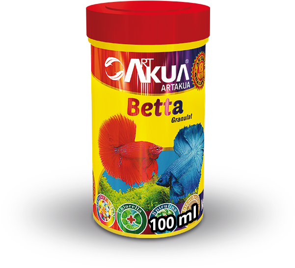 魚 桌布 壁紙 — 一個鮮豔的黃色和紅色圓柱形容器，裝有Artakua Betta Granulat魚飼料，黑色背景上有色彩繽紛的鬥魚插圖。