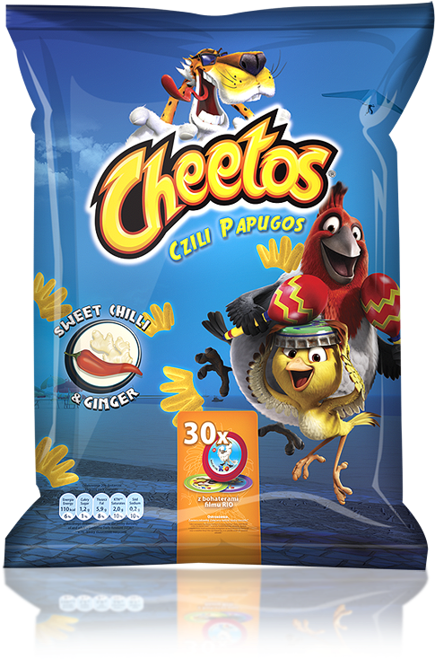 剪貼畫 桌布 壁紙 — 一個鮮豔藍色的Cheetos零食袋，以天空為背景，有動畫鳥和老虎，並附有口味文字。