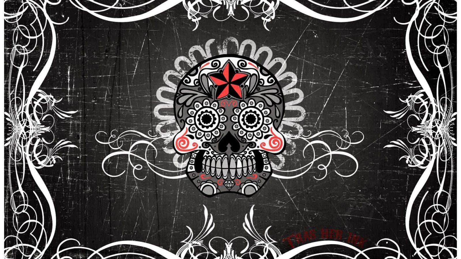 Day Of The Dead 桌布 壁紙 — 一個鮮豔裝飾的糖骷髏，帶有紅色星星和漩渦，置於帶有華麗白色邊框的破舊黑色背景中央。