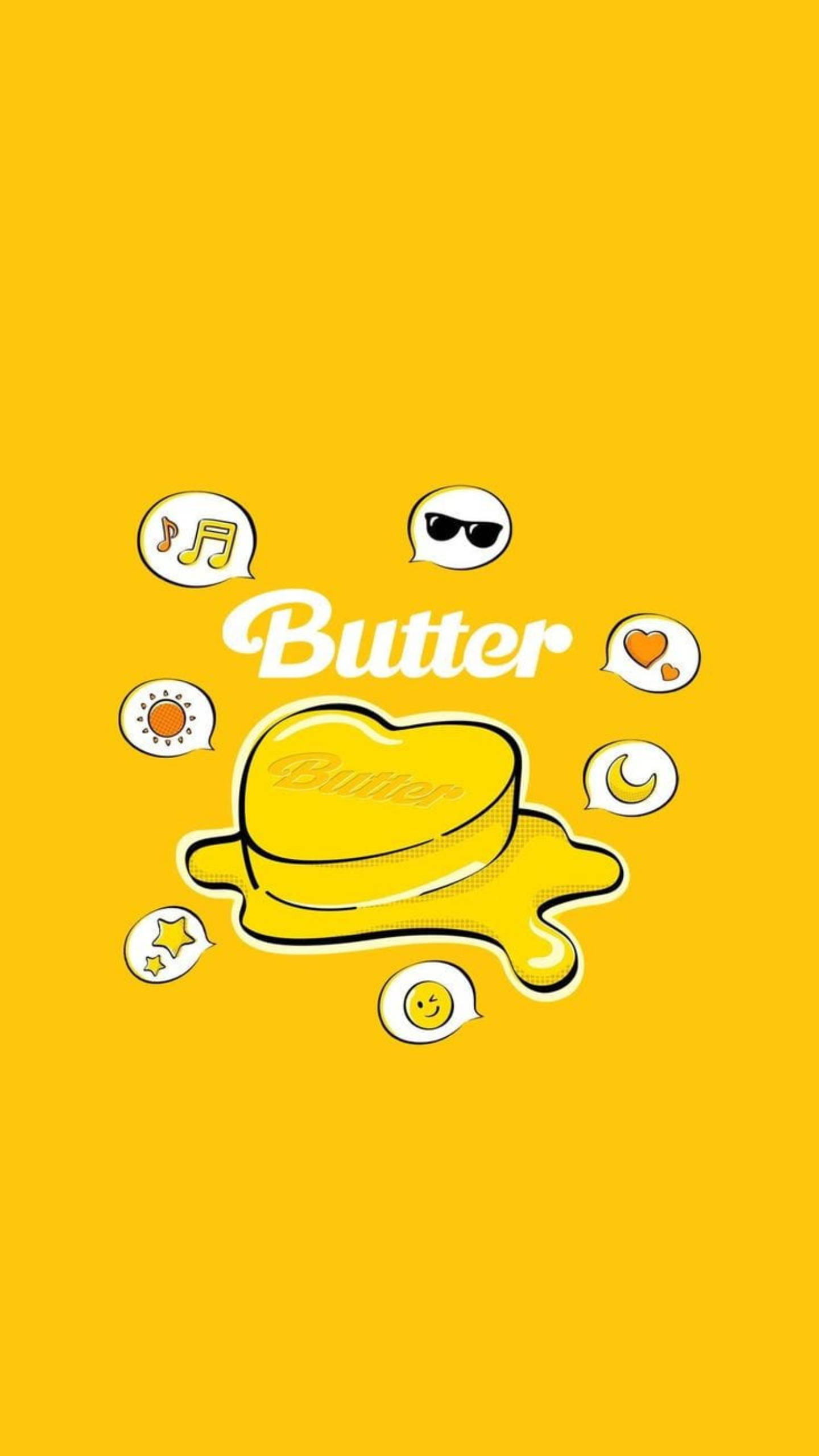 Butter 桌布 壁紙 — 一個鮮黃色卡通奶油塊戴著太陽眼鏡，被帶有圖標的對話氣泡包圍，背景為純黃色。