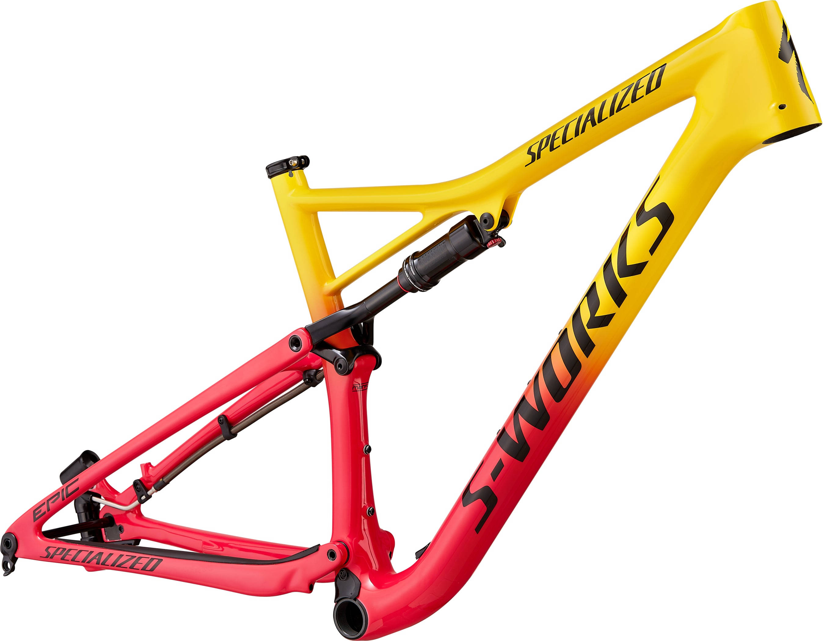 電腦 桌布 壁紙 — 一個鮮黃色和紅色的Specialized S-Works Epic登山車車架，搭配黑色避震組件，背景為白色。