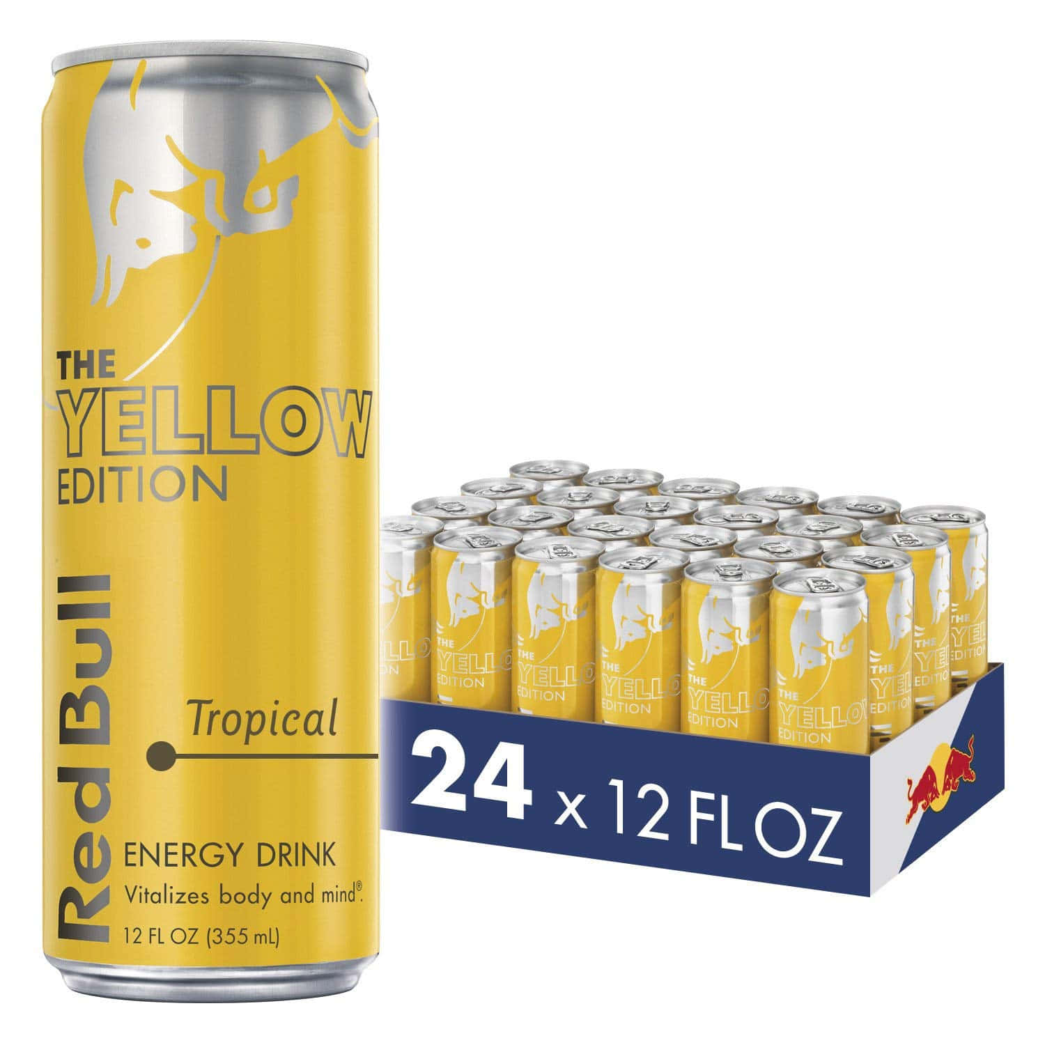 紅牛 桌布 壁紙 — 一個鮮黃色的Red Bull Tropical能量飲料罐，旁邊放著一個24罐裝的盒子，背景是乾淨的白色。