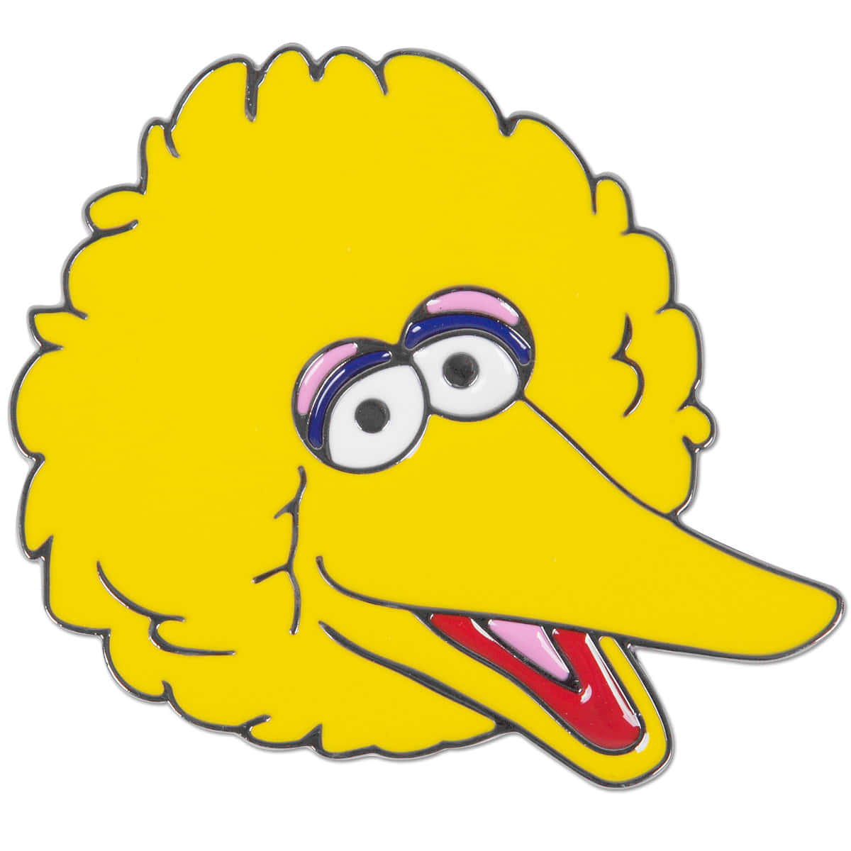Big Bird 桌布 壁紙 — 一個鮮黃色的大鳥琺瑯別針，大眼睛，張開喙，白色背景。