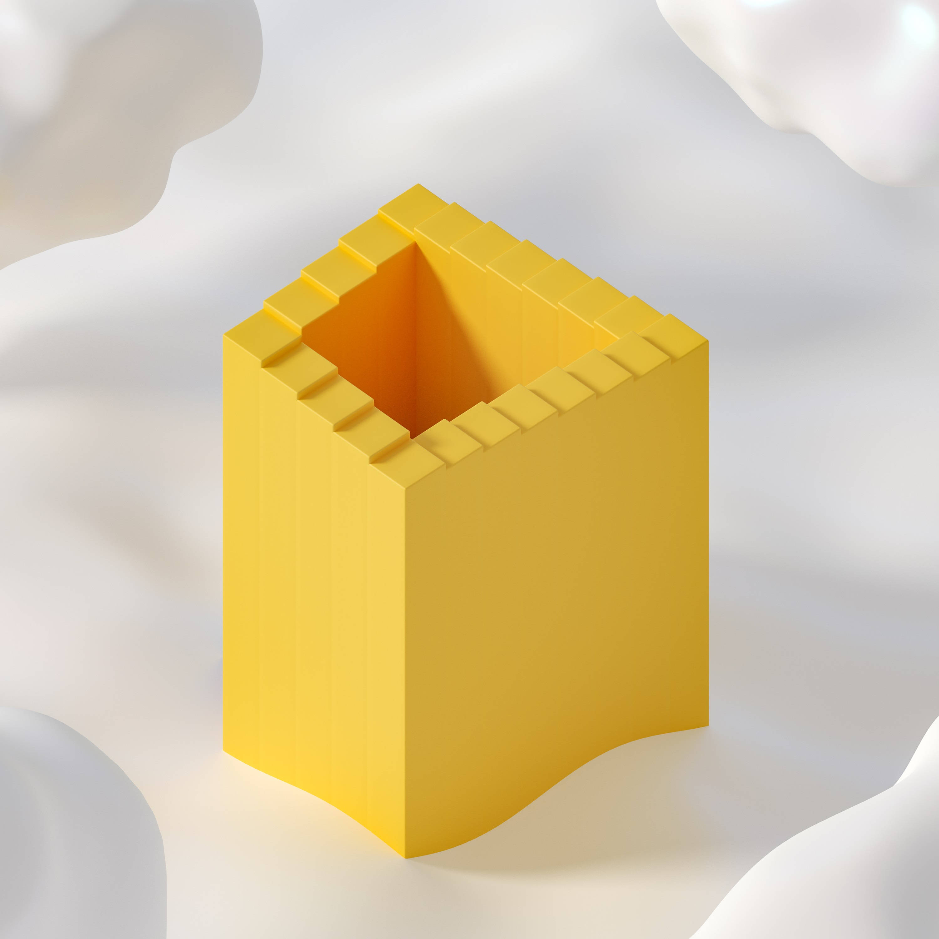 Illusion 桌布 壁紙 — 一個鮮黃色的幾何立方體，帶有階梯狀邊緣，在明亮光線下放置在柔軟的白色雲狀表面上。